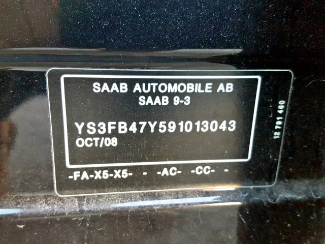 YS3FB47Y591013043 - 2009 SAAB 9-3 2.0T BLACK photo 10