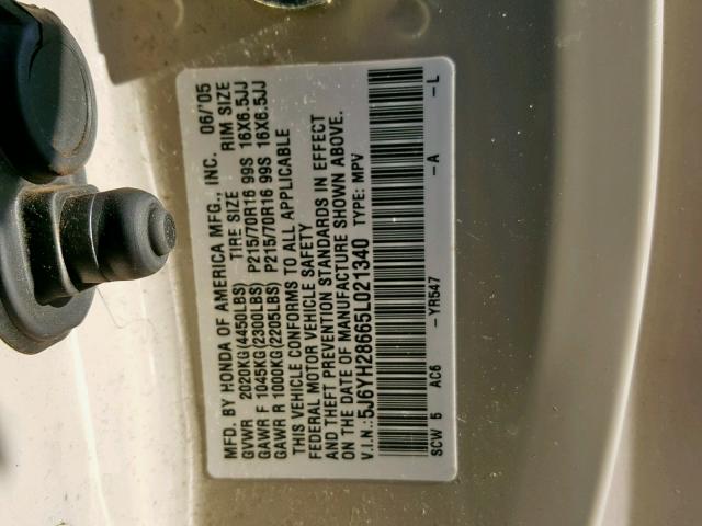 5J6YH28665L021340 - 2005 HONDA ELEMENT EX CREAM photo 10