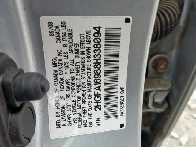 2HGFA16988H338094 - 2008 HONDA CIVIC EXL SILVER photo 10