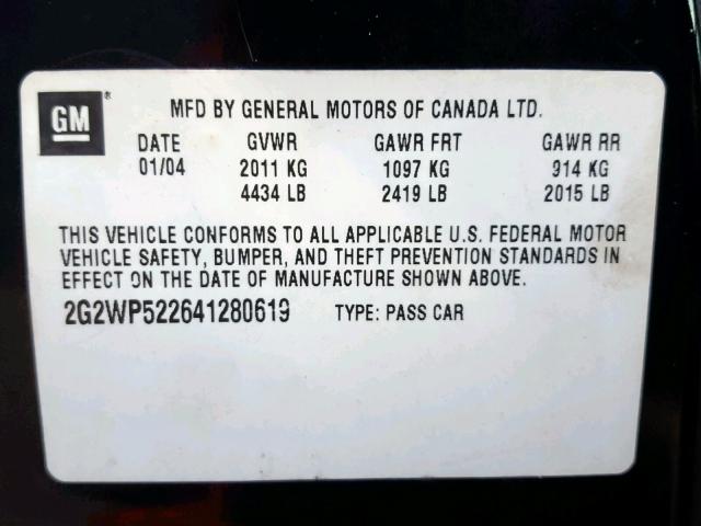 2G2WP522641280619 - 2004 PONTIAC GRAND PRIX BLACK photo 10