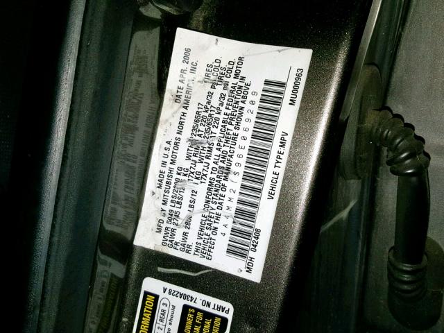 4A4MM21S96E069209 - 2006 MITSUBISHI ENDEAVOR L GRAY photo 10