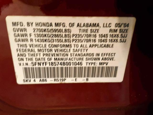 5FNYF18574B001046 - 2004 HONDA PILOT EXL BURGUNDY photo 10