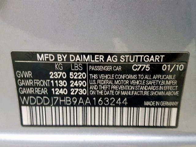 WDDDJ7HB9AA163244 - 2010 MERCEDES-BENZ CLS 63 AMG SILVER photo 10