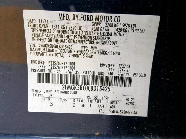 2FMGK5BC0CBD15425 - 2012 FORD FLEX SE BLUE photo 10