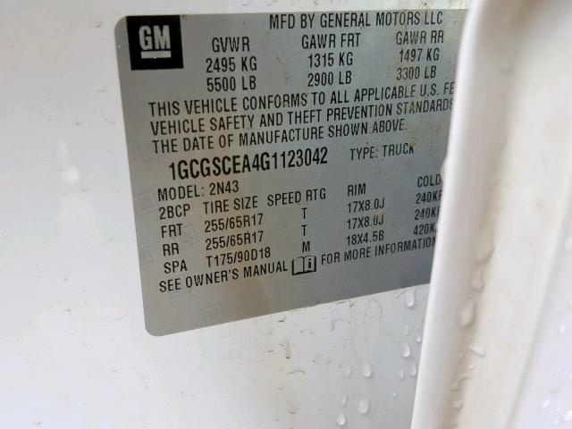 1GCGSCEA4G1123042 - 2016 CHEVROLET COLORADO L WHITE photo 10