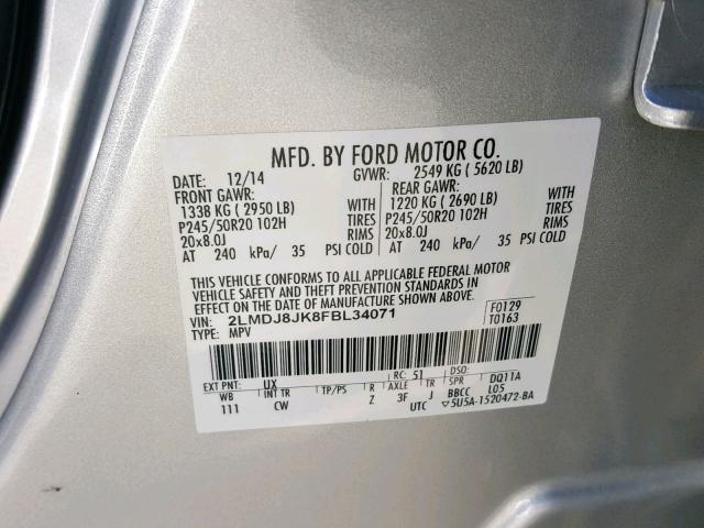 2LMDJ8JK8FBL34071 - 2015 LINCOLN MKX SILVER photo 10