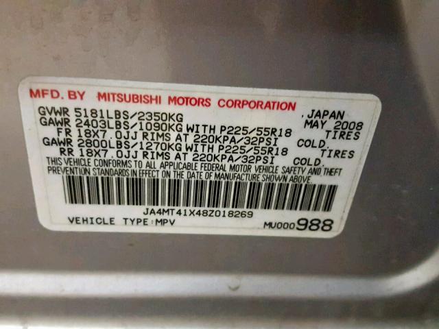 JA4MT41X48Z018269 - 2008 MITSUBISHI OUTLANDER SILVER photo 10