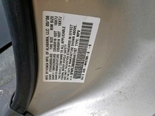 5FNRL38686B441197 - 2006 HONDA ODYSSEY EX SILVER photo 10