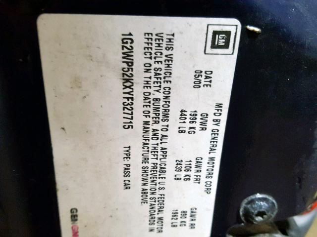 1G2WP52KXYF327715 - 2000 PONTIAC GRAND PRIX BLUE photo 10