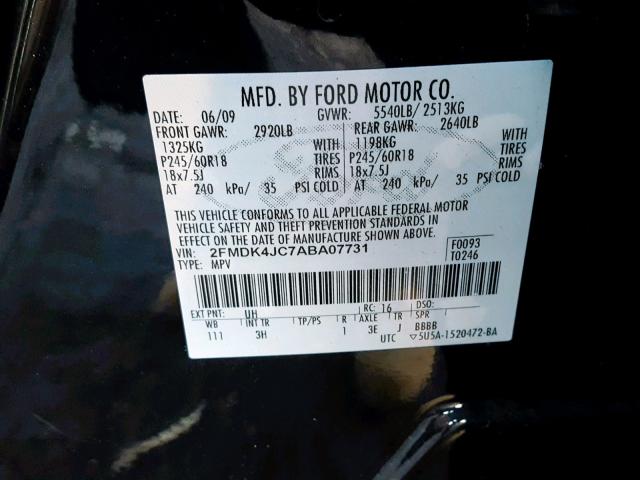 2FMDK4JC7ABA07731 - 2010 FORD EDGE SEL BLACK photo 10