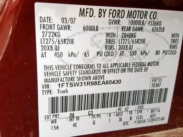 1FTSW31R98EA60430 - 2008 FORD F350 SRW S RED photo 10