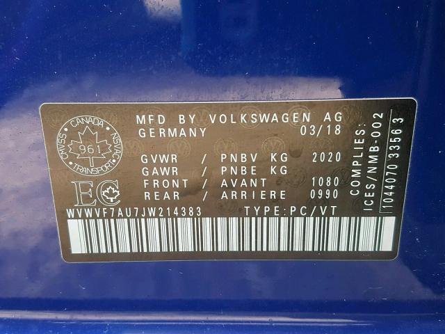 WVWVF7AU7JW214383 - 2018 VOLKSWAGEN GOLF R BLUE photo 10