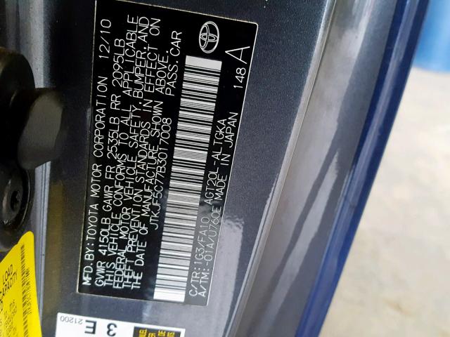 JTKJF5C77B3017008 - 2011 TOYOTA SCION TC 蓝色 照片 10