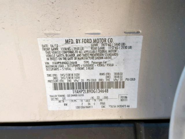 1FAHP2L89DG134648 - 2013 FORD TAURUS POL SILVER photo 10