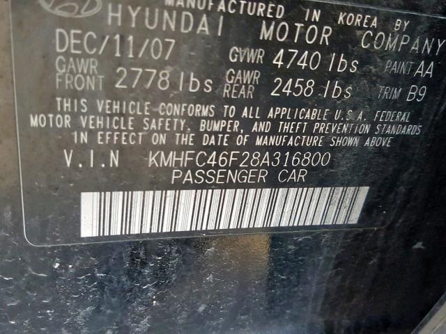 KMHFC46F28A316800 - 2008 HYUNDAI AZERA SE BLACK photo 10