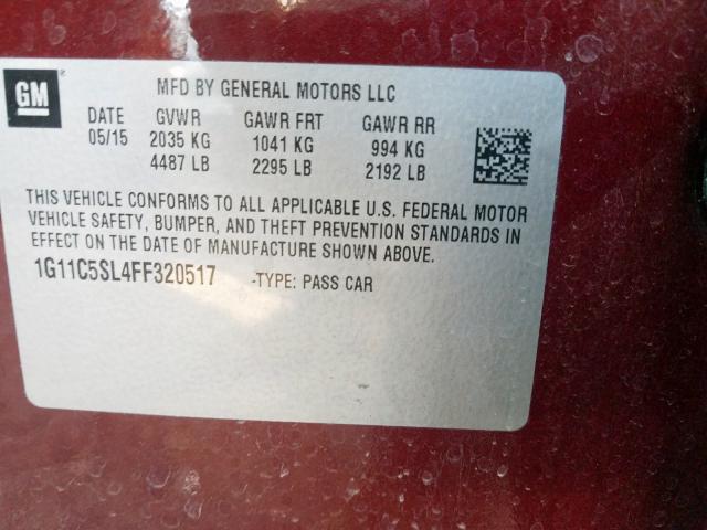 1G11C5SL4FF320517 - 2015 CHEVROLET MALIBU 1LT 勃艮第红 照片 10