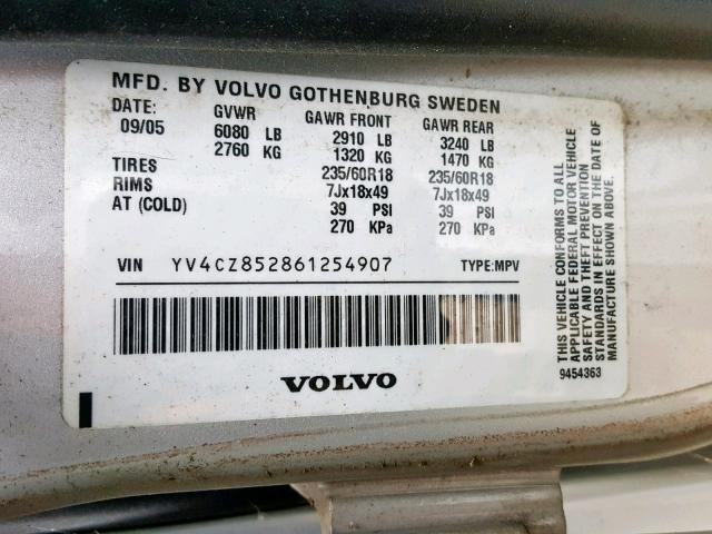 YV4CZ852861254907 - 2006 VOLVO XC90 V8 SILVER photo 10