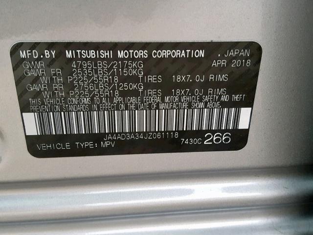 JA4AD3A34JZ061118 - 2018 MITSUBISHI OUTLANDER SILVER photo 10