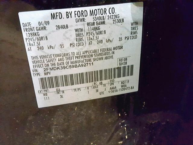 2FMDK39C59BA92711 - 2009 FORD EDGE LIMIT BLACK photo 10