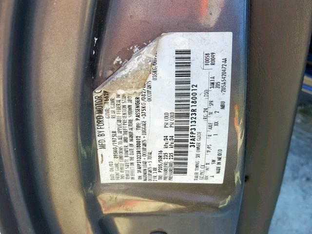 3FAFP31323R180012 - 2003 FORD FOCUS ZX3 GRAY photo 10