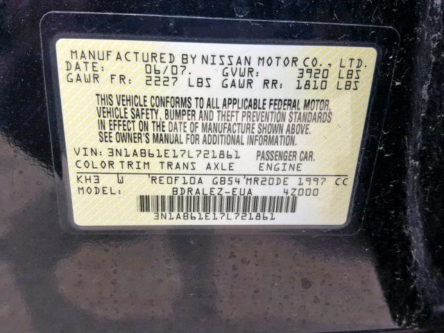 3N1AB61E17L721861 - 2007 NISSAN SENTRA 2.0 BLACK photo 10