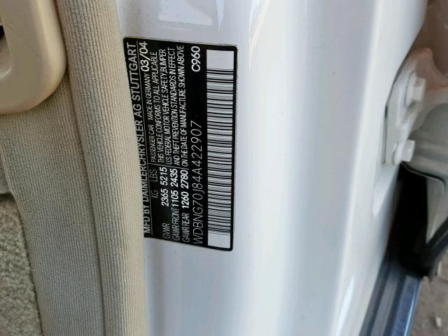 WDBNG70J84A422907 - 2004 MERCEDES-BENZ S 430 WHITE photo 10