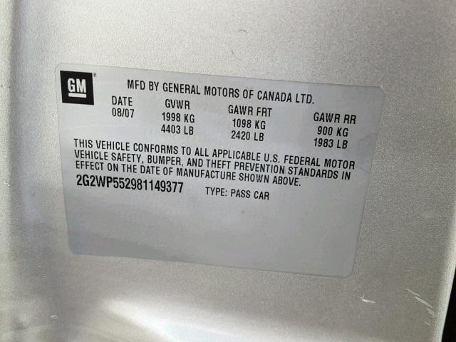 2G2WP552981149377 - 2008 PONTIAC GRAND PRIX SILVER photo 10