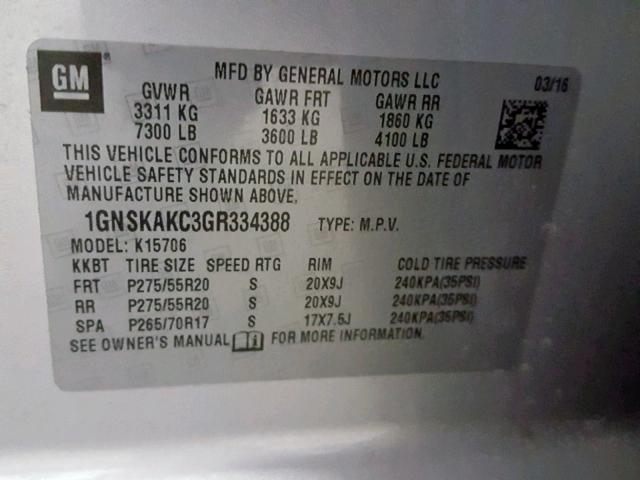 1GNSKAKC3GR334388 - 2016 CHEVROLET TAHOE K150 SILVER photo 10