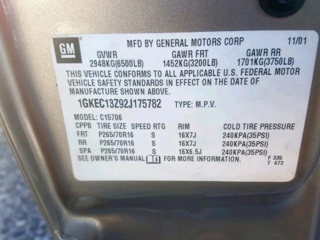 1GKEC13Z92J175782 - 2002 GMC YUKON GRAY photo 10