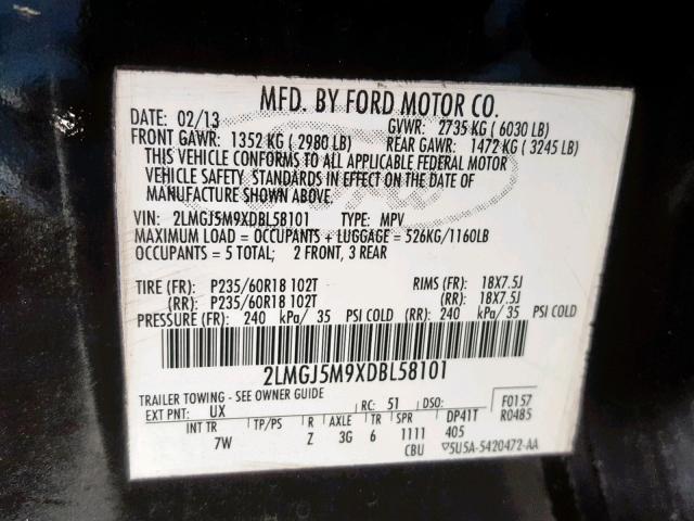 2LMGJ5M9XDBL58101 - 2013 LINCOLN MKT BLACK photo 10