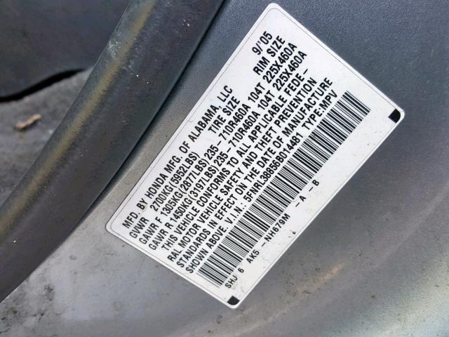 5FNRL38856B014481 - 2006 HONDA ODYSSEY TO GRAY photo 10