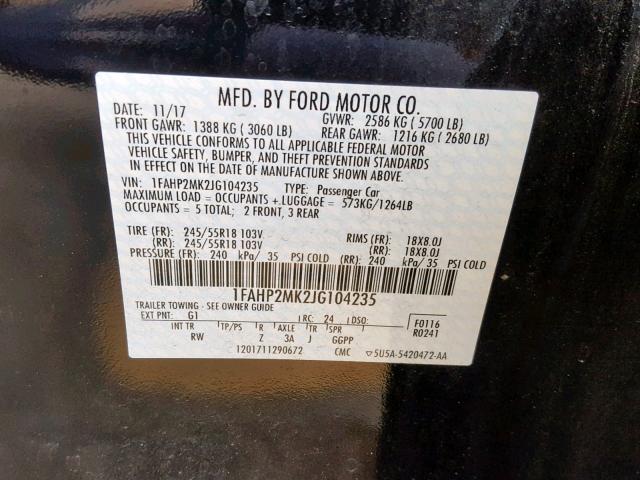 1FAHP2MK2JG104235 - 2018 FORD TAURUS POL BLACK photo 10