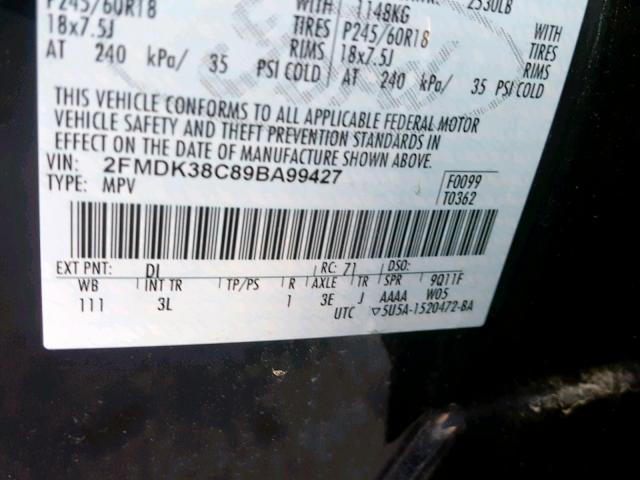 2FMDK38C89BA99427 - 2009 FORD EDGE SEL BLACK photo 10