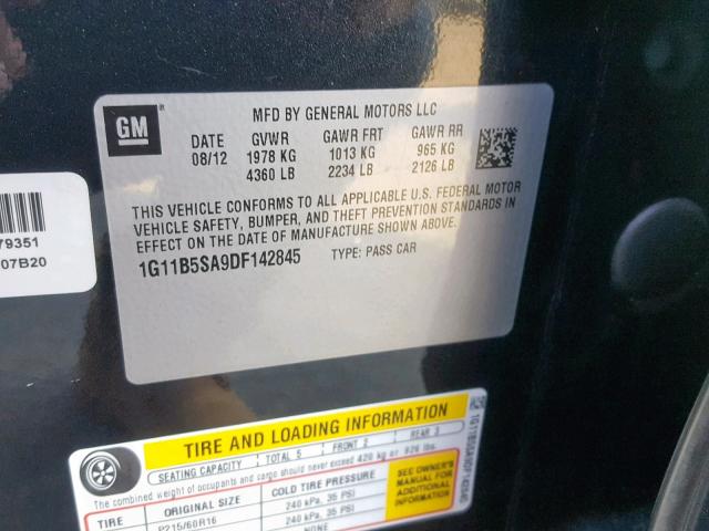 1G11B5SA9DF142845 - 2013 CHEVROLET MALIBU LS 黑色 照片 10