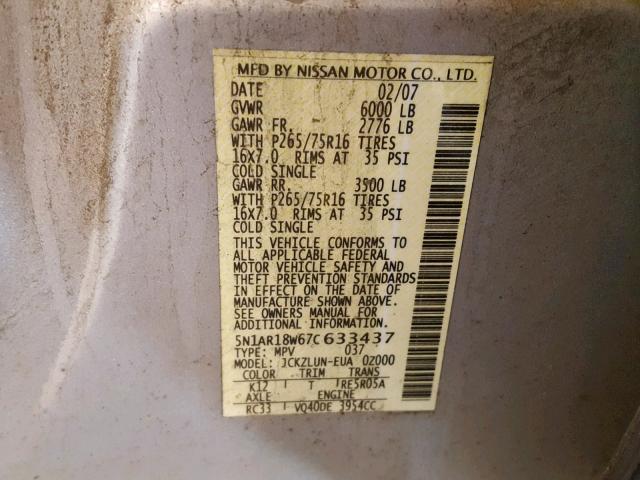 5N1AR18W67C633437 - 2007 NISSAN PATHFINDER SILVER photo 10