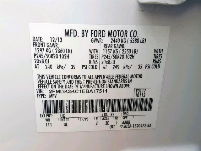 2FMDK3KC1EBA17511 - 2014 FORD EDGE LIMIT WHITE photo 10