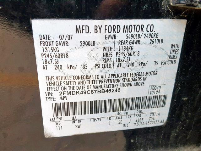 2FMDK49C87BB46246 - 2007 FORD EDGE SEL P BLACK photo 10