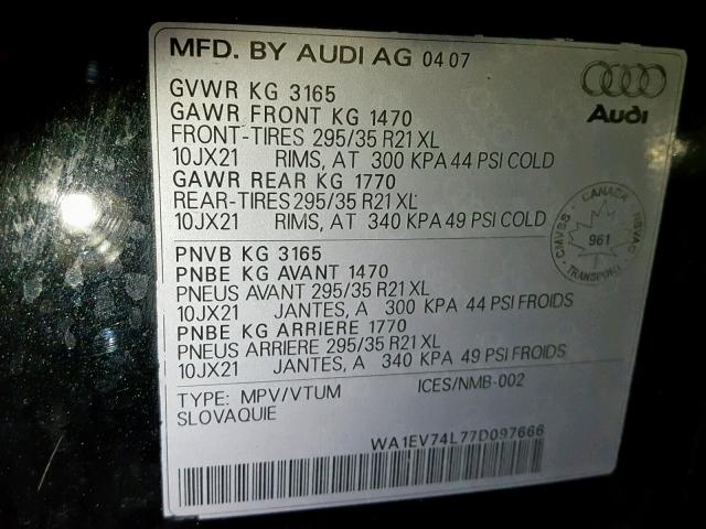 WA1EV74L77D097666 - 2007 AUDI Q7 4.2 QUA BLACK photo 10