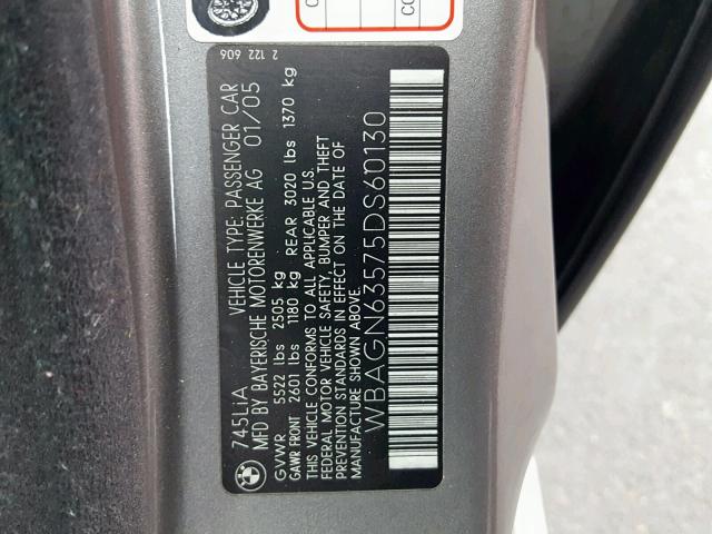 WBAGN63575DS60130 - 2005 BMW 745 LI GRAY photo 10