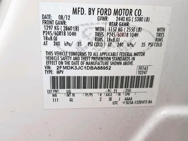 2FMDK3JC1DBA88952 - 2013 FORD EDGE SEL WHITE photo 10