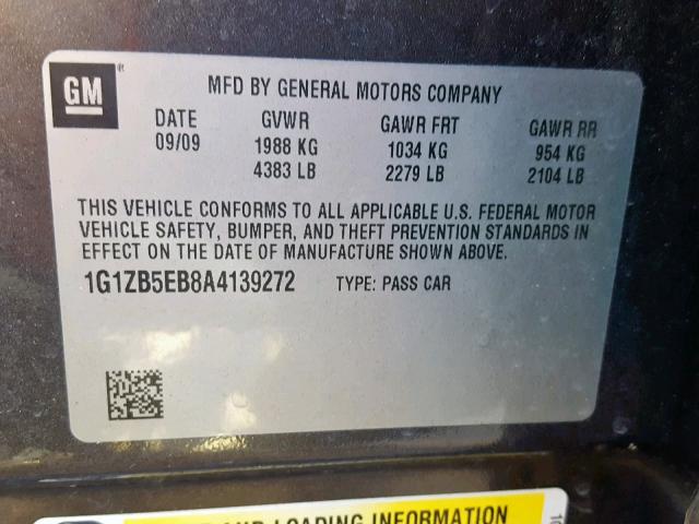 1G1ZB5EB8A4139272 - 2010 CHEVROLET MALIBU LS CHARCOAL photo 10