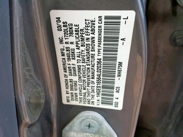 1HGES16564L020364 - 2004 HONDA CIVIC LX GRAY photo 10