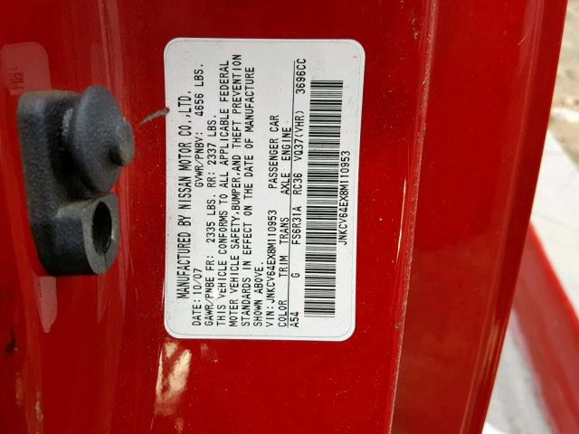 JNKCV64EX8M110953 - 2008 INFINITI G37 BASE RED photo 10