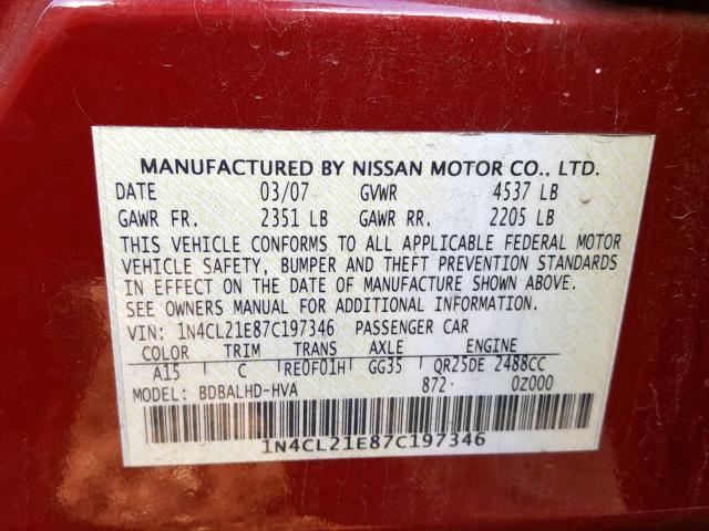 1N4CL21E87C197346 - 2007 NISSAN ALTIMA HYB RED photo 10