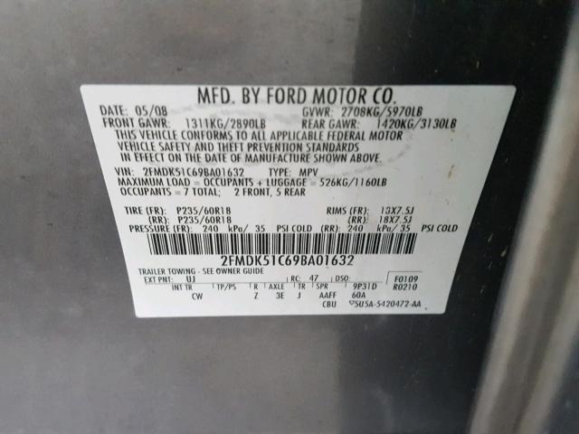 2FMDK51C69BA01632 - 2009 FORD FLEX SE GRAY photo 10