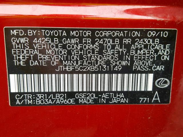 JTHBF5C2XB5131149 - 2011 LEXUS IS 250 RED photo 10