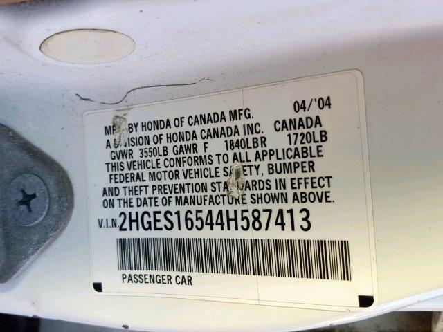 2HGES16544H587413 - 2004 HONDA CIVIC LX WHITE photo 10