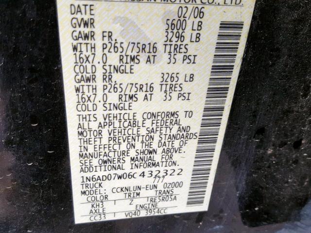 1N6AD07W06C432322 - 2006 NISSAN FRONTIER C BLACK photo 10