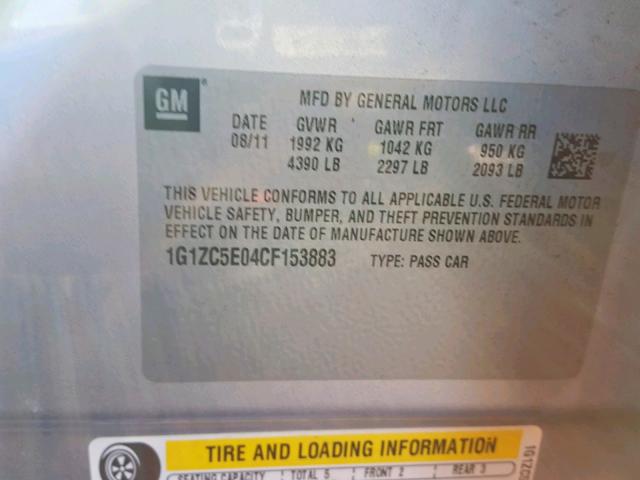 1G1ZC5E04CF153883 - 2012 CHEVROLET MALIBU 1LT 银色 照片 10