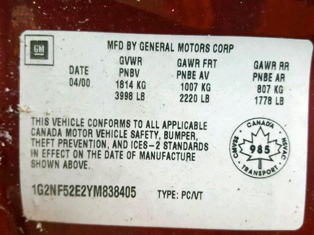 1G2NF52E2YM838405 - 2000 PONTIAC GRAND AM S BURGUNDY photo 10